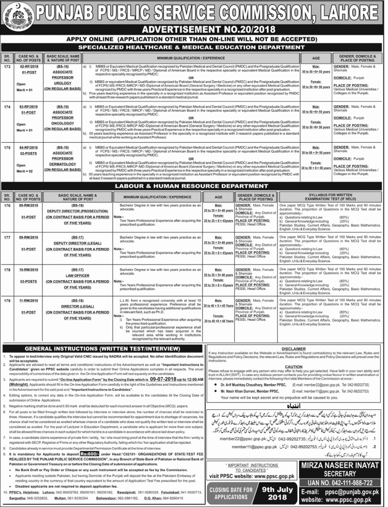 PPSC Advertisement No. 20/2018 Jobs