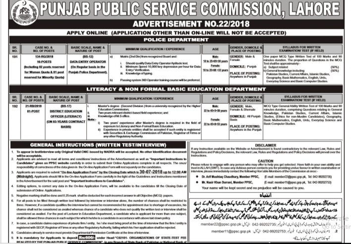 PPSC Advertisement No. 22 Data Entry Operator DEO Jobs