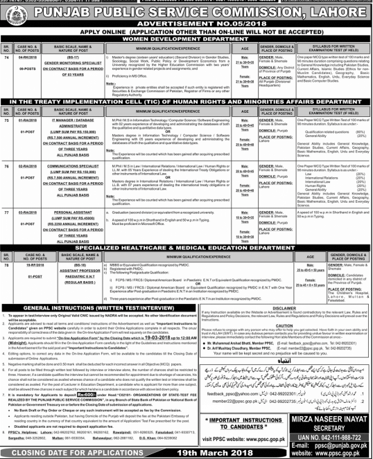 PPSC Consolidated Advertisement NO. 5/2018