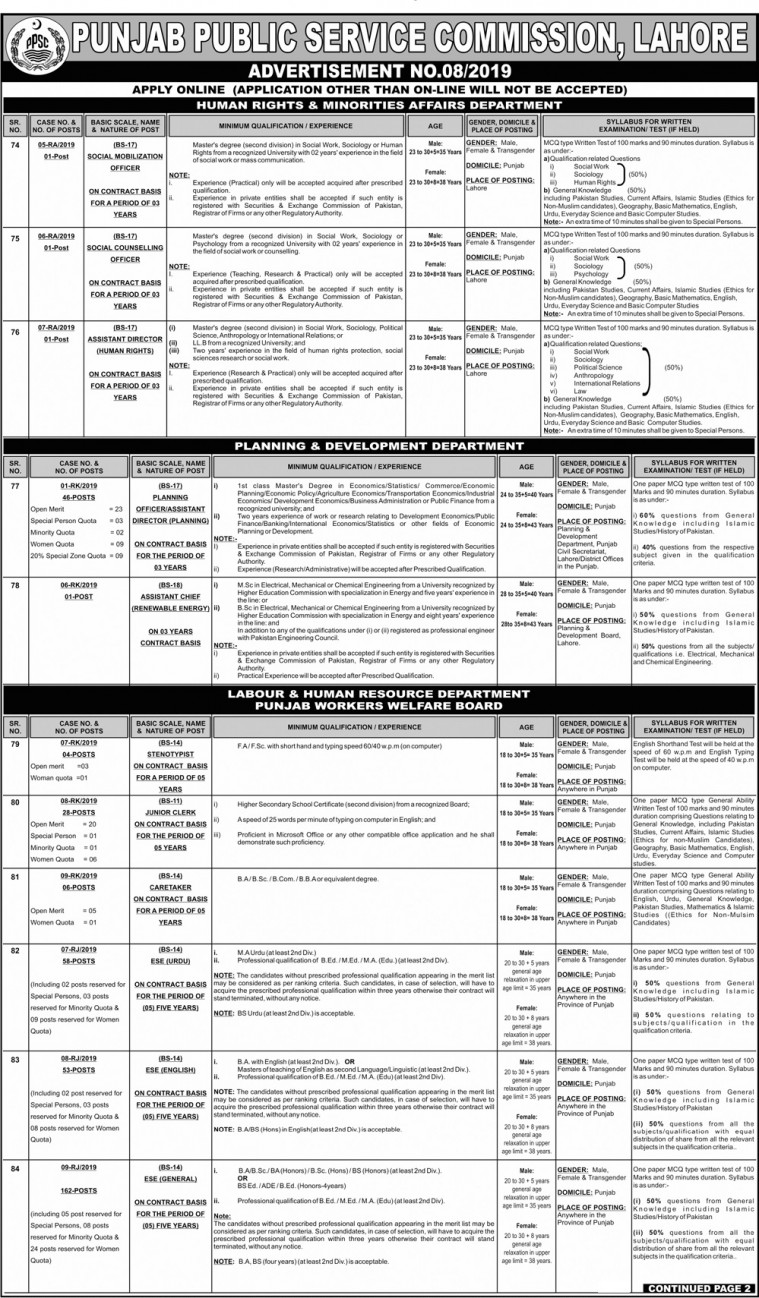 PPSC Latest Jobs of Planning Officer/Assistant Director Planning 46 positions in P& D Department, ESE (English, Urdu, General) 