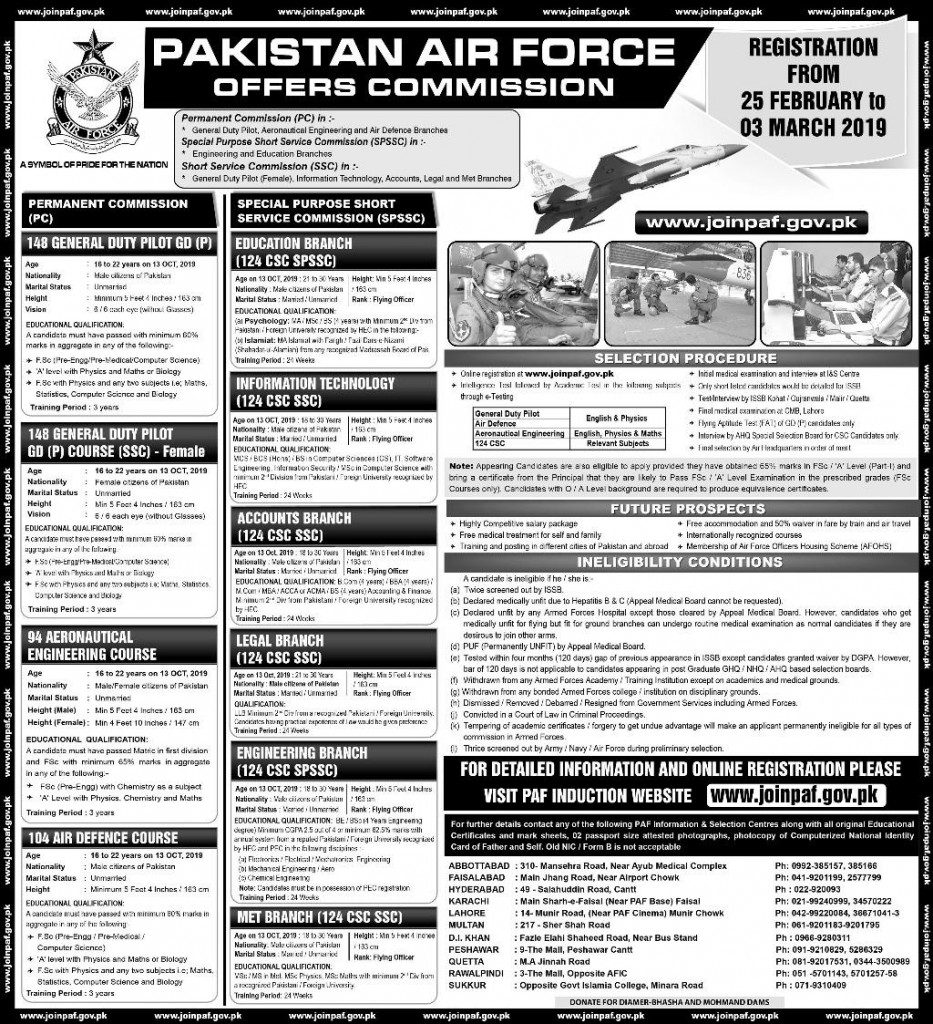 PAF Latest Jobs Advertisement of GD Pilot Male , Female, Aeronautical Engineering Course, IT, Engineering and Education wing