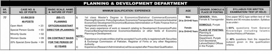 Planning Officer Assistant Director Planning in Planning and Development Department PPSC Syllabus 2019