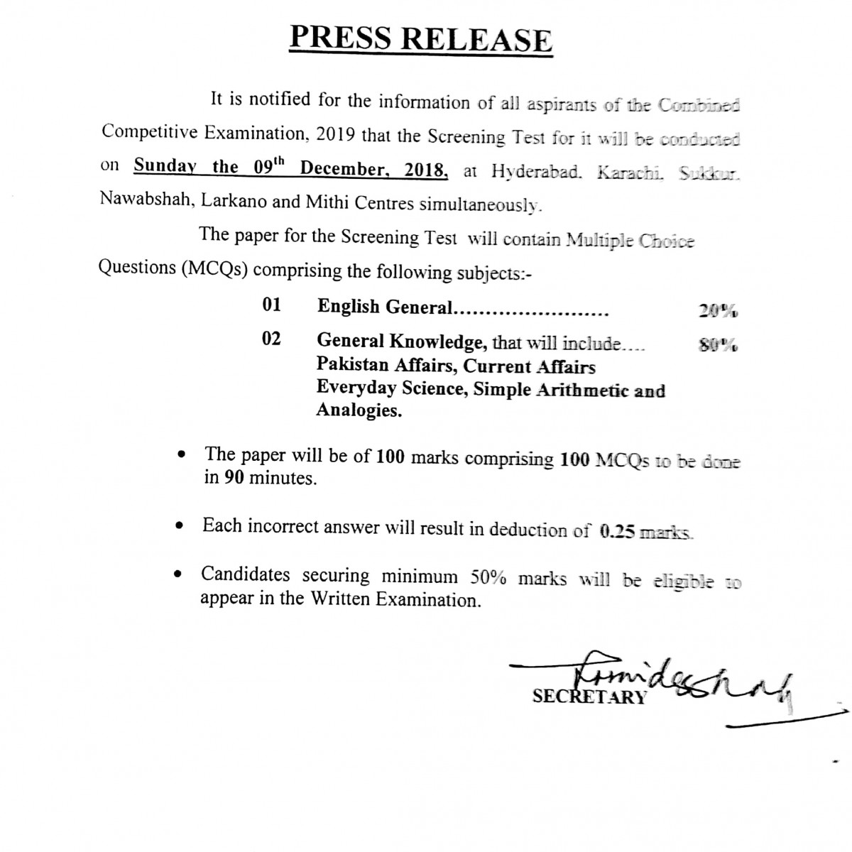 SPSC Screening Test for Combined Competitive Examination 2019 SPSC Screening Test for Combined Competitive Examination 2019