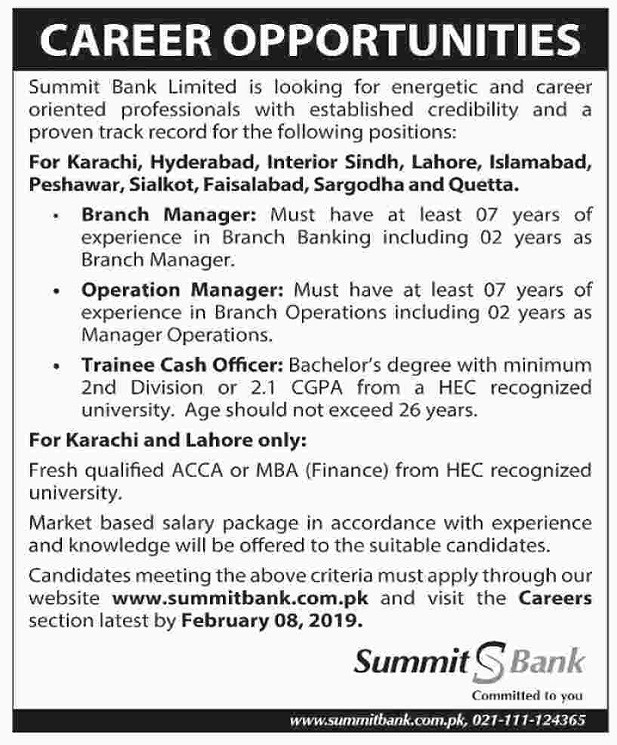 Summit Bank Jobs of Branch Manger, Operation Manager and Trainee Cash Officer for fresh graduates 2019