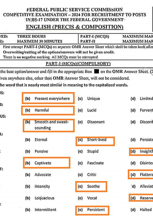 Synonym Similar in Meanings MCQs Part 1 English Precis Paper CSS 2024