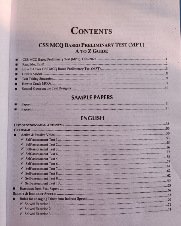 table fo conents of CSS 22 MCQs based Preliminary Test Book by World Times Publisher