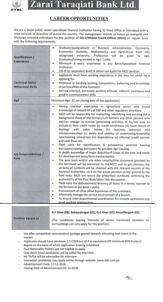 ZTBL Mobile Credit Officer MCO OG-II Officer Grade 2 2018 Jobs Advertisement