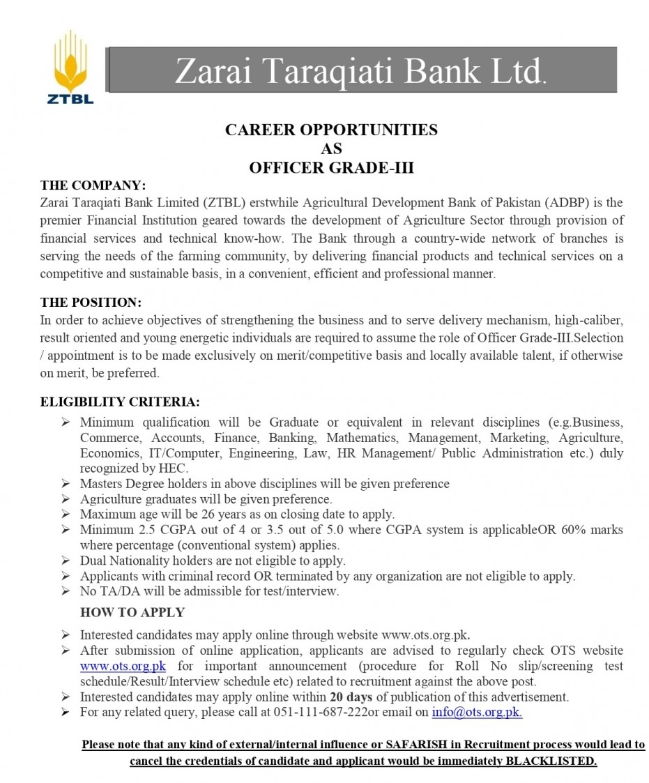ZTBL OG-3 OTS Jobs 2022 advertisement